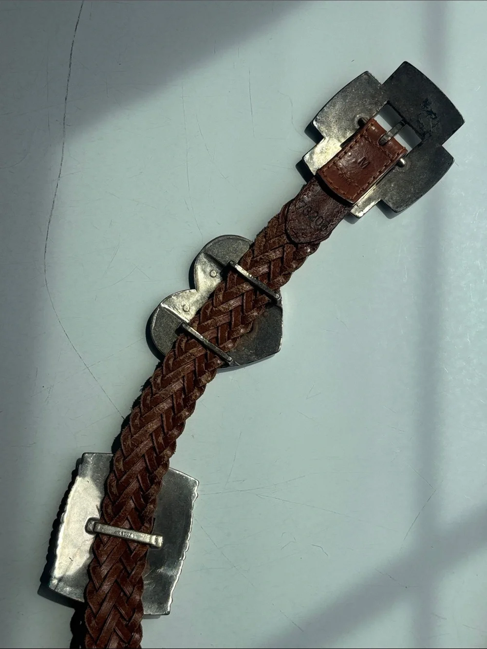 VTG 1994 Brighton Tan Braided Leather Belt with Silver Heart + Cross Conchos
